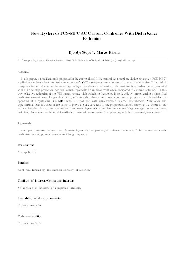 New Hysteresis FCS-MPC AC Current Controller With Disturbance Estimator Thumbnail