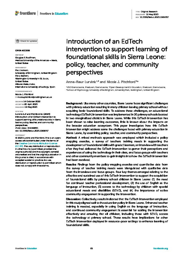 Introduction of an EdTech intervention to support learning of foundational skills in Sierra Leone: policy, teacher, and community perspectives Thumbnail