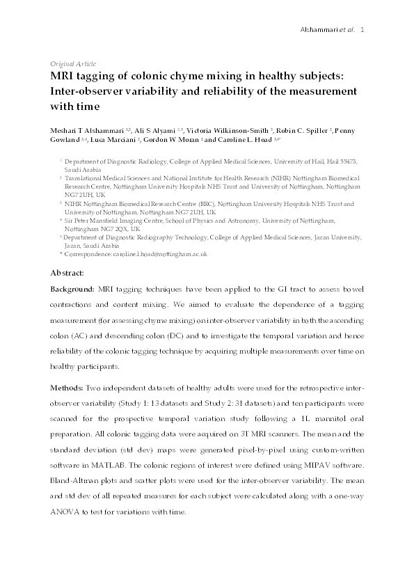 MRI tagging of colonic chyme mixing in healthy subjects: Inter‐observer variability and reliability of the measurement with time Thumbnail