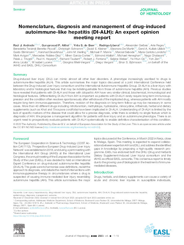 Nomenclature, diagnosis and management of drug-induced autoimmune-like hepatitis (DI-ALH): An expert opinion meeting report Thumbnail