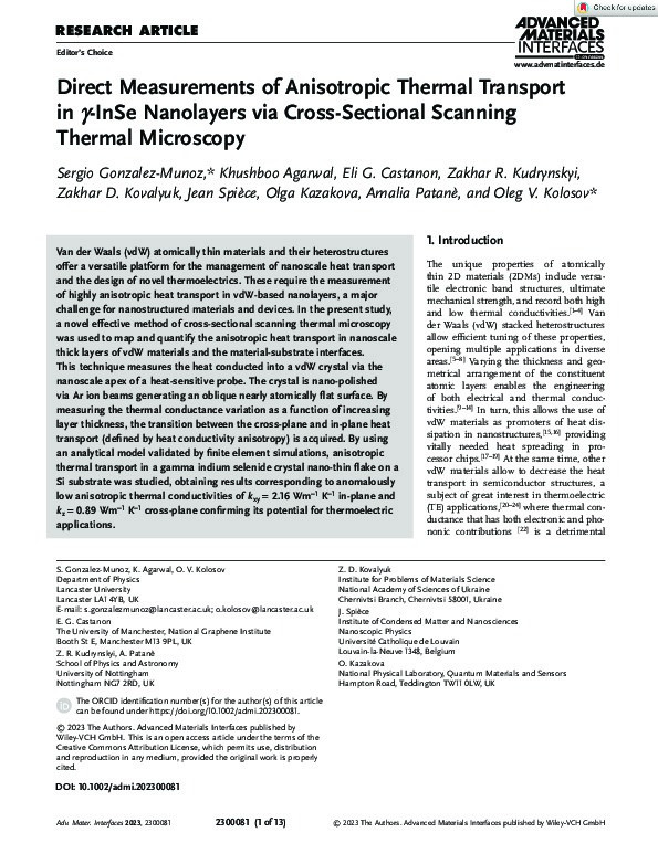Direct Measurements of Anisotropic Thermal Transport in γ-InSe Nanolayers via Cross-Sectional Scanning Thermal Microscopy Thumbnail