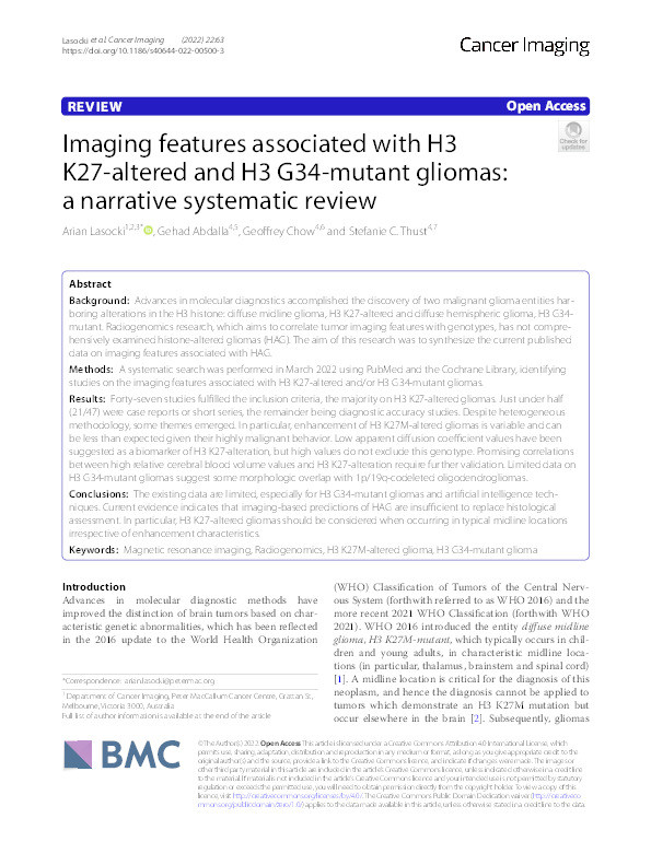 Imaging features associated with H3 K27-altered and H3 G34-mutant gliomas: a narrative systematic review. Thumbnail