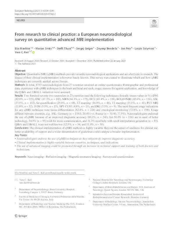 From research to clinical practice: a European neuroradiological survey on quantitative advanced MRI implementation Thumbnail