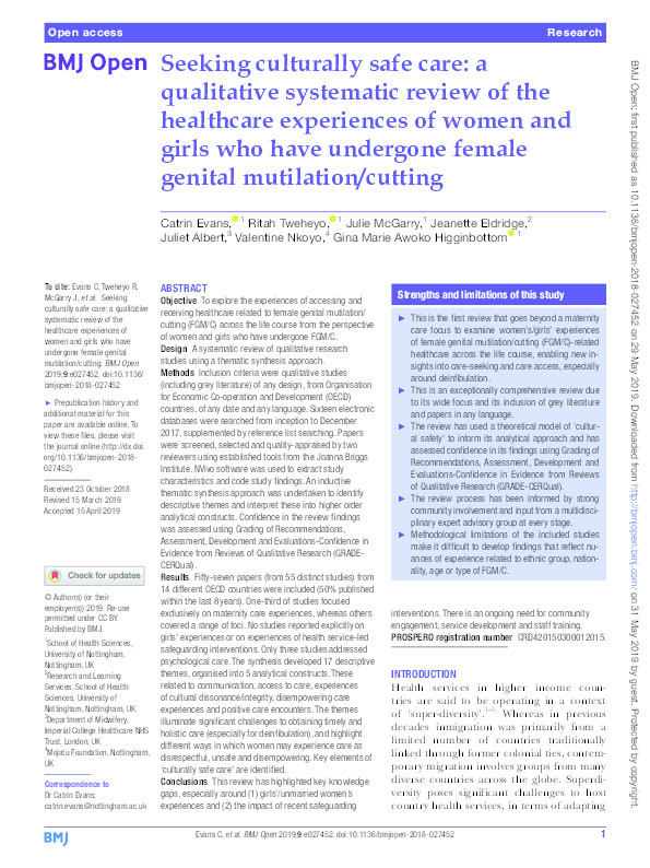 Seeking culturally safe care: a qualitative systematic review of the healthcare experiences of women and girls who have undergone female genital mutilation/cutting Thumbnail