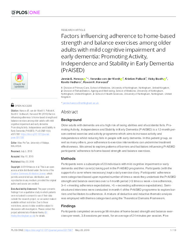 Factors influencing adherence to home-based strength and balance exercises among older adults with mild cognitive impairment and early dementia: Promoting Activity, Independence and Stability in Early Dementia (PrAISED) Thumbnail