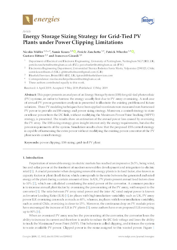 Energy Storage Sizing Strategy for Grid-Tied PV Plants under Power Clipping Limitations Thumbnail