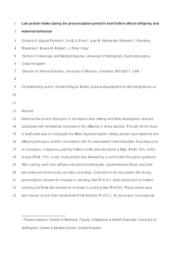 Low protein intake during the preconception period in beef heifers affects offspring and maternal behaviour Thumbnail