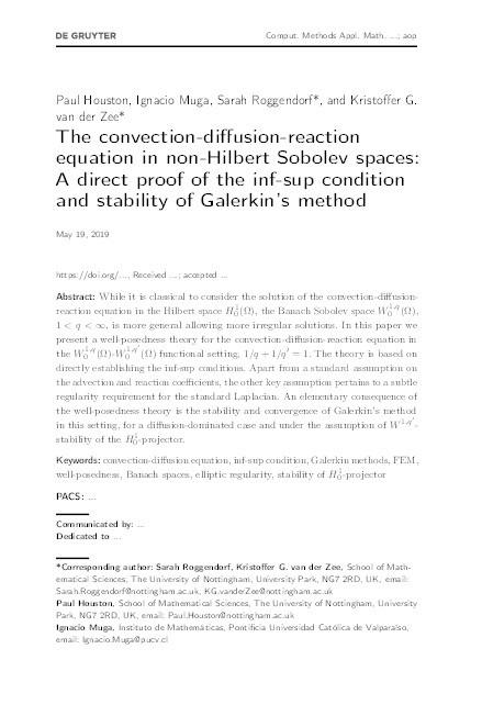 The Convection-Diffusion-Reaction Equation in Non-Hilbert Sobolev Spaces: A Direct Proof of the Inf-Sup Condition and Stability of Galerkin’s Method Thumbnail
