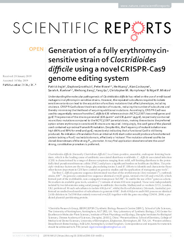 Generation of a fully erythromycin-sensitive strain of Clostridioides difficile using a novel CRISPR-Cas9 genome editing system Thumbnail