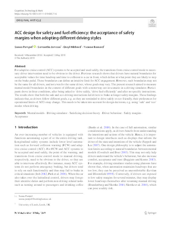 ACC design for safety and fuel efficiency: the acceptance of safety margins when adopting different driving styles Thumbnail
