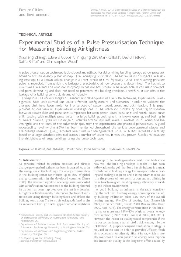 Experimental Studies of a Pulse Pressurisation Technique for Measuring Building Airtightness Thumbnail