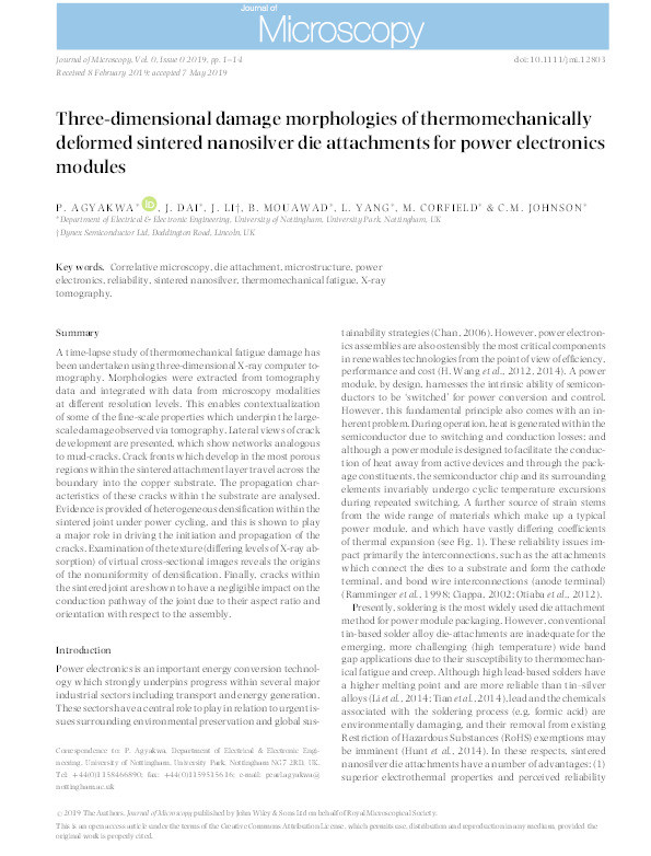 Three‐dimensional damage morphologies of thermomechanically deformed sintered nanosilver die attachments for power electronics modules Thumbnail