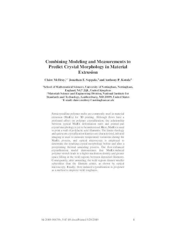 Combining Modeling and Measurements to Predict Crystal Morphology in Material Extrusion Thumbnail