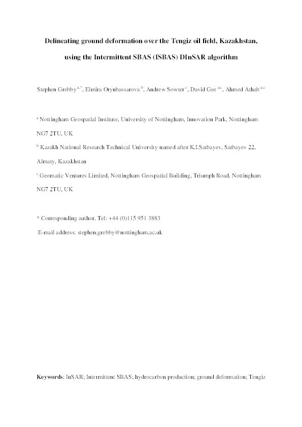 Delineating ground deformation over the Tengiz oil field, Kazakhstan, using the Intermittent SBAS (ISBAS) DInSAR algorithm Thumbnail