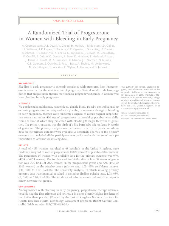 A Randomized Trial of Progesterone in Women with Bleeding in Early Pregnancy Thumbnail