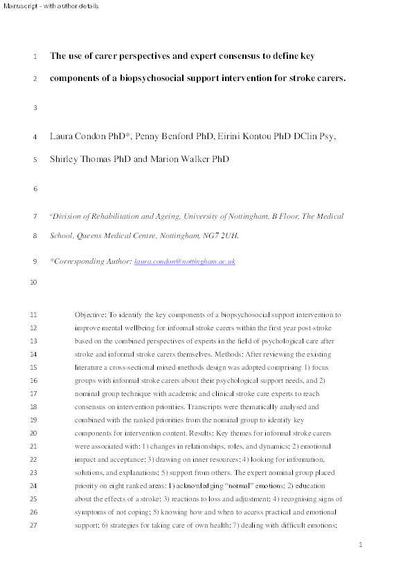 The use of carer perspectives and expert consensus to define key components of a biopsychosocial support intervention for stroke carers Thumbnail