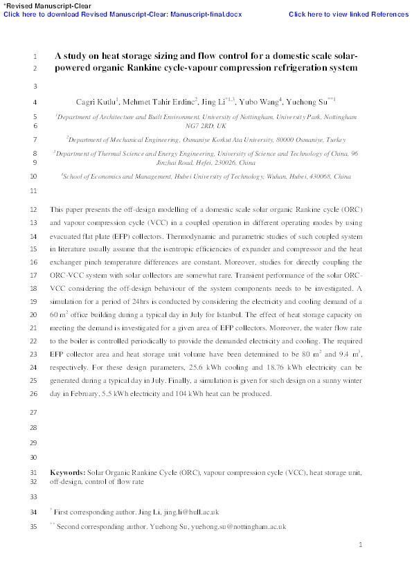 A study on heat storage sizing and flow control for a domestic scale solar-powered organic Rankine cycle-vapour compression refrigeration system Thumbnail