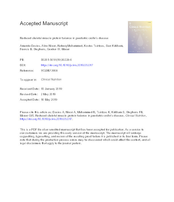 Reduced skeletal muscle protein balance in paediatric Crohn’s disease Thumbnail