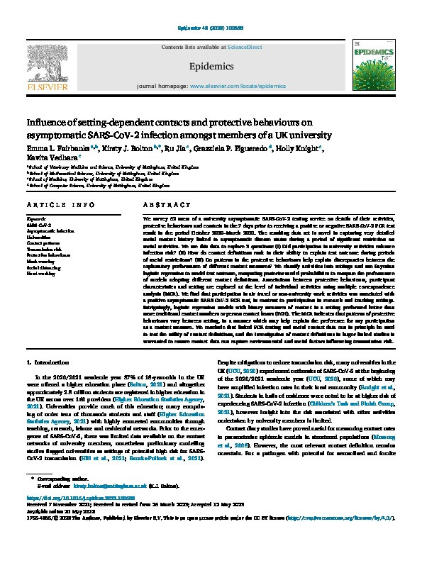 Influence of setting-dependent contacts and protective behaviours on asymptomatic SARS-CoV-2 infection amongst members of a UK university Thumbnail