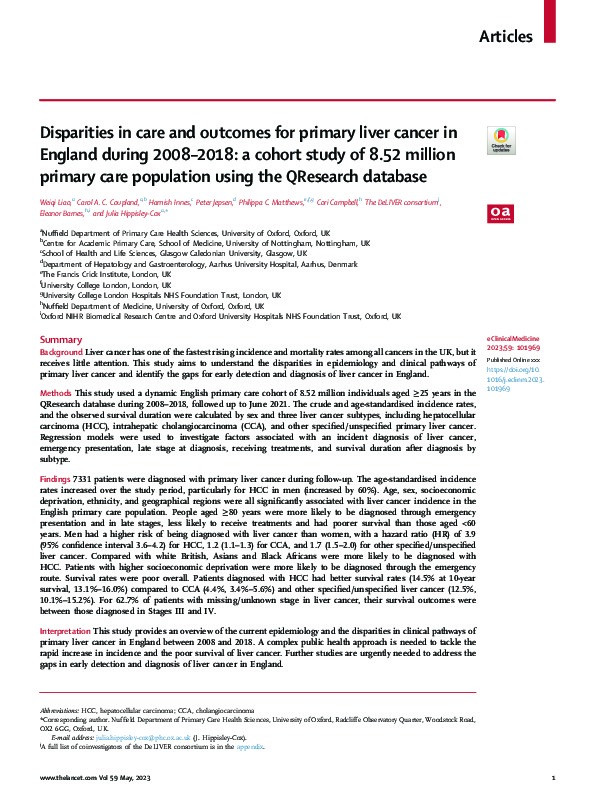 Disparities in care and outcomes for primary liver cancer in England during 2008–2018: a cohort study of 8.52 million primary care population using the QResearch database Thumbnail