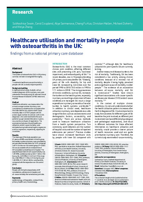 Healthcare utilisation and mortality in people with osteoarthritis in the UK: findings from a national primary care database. Thumbnail