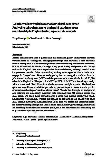 Do informal networks become formalised over time? Analysing school networks and multi-academy trust membership in England using ego-centric analysis Thumbnail