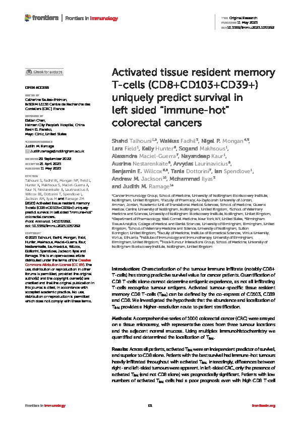 Activated tissue resident memory T-cells (CD8+CD103+CD39+) uniquely predict survival in left sided “immune-hot” colorectal cancers Thumbnail