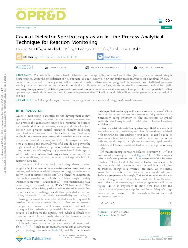 Coaxial Dielectic Spectroscopy as an In-Line Process Analytical Technique for Reaction Monitoring Thumbnail