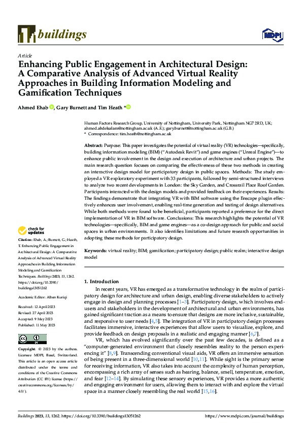 Enhancing Public Engagement in Architectural Design: A Comparative Analysis of Advanced Virtual Reality Approaches in Building Information Modeling and Gamification Techniques Thumbnail