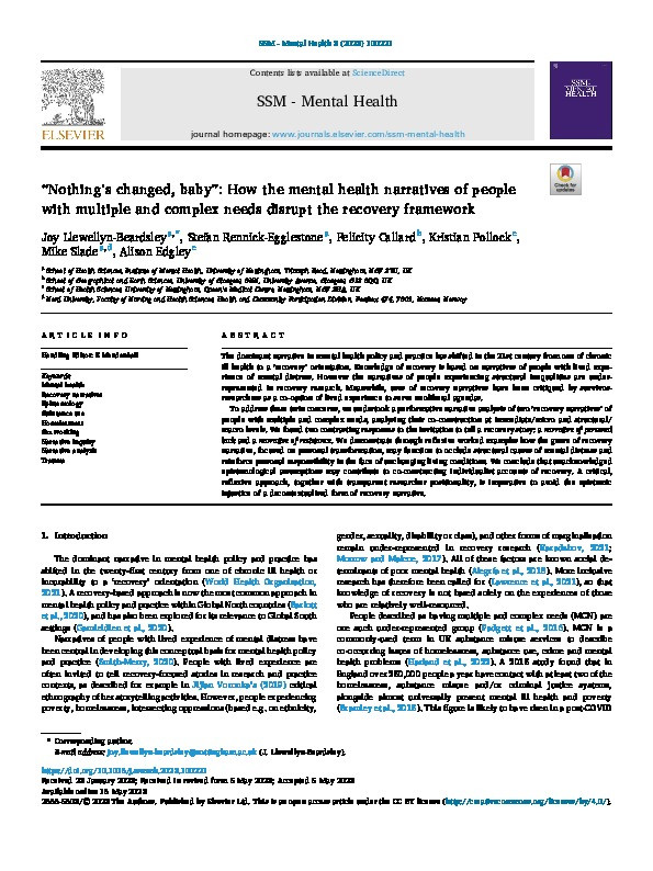 “Nothing's changed, baby”: How the mental health narratives of people with multiple and complex needs disrupt the recovery framework Thumbnail