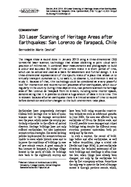 3D Laser Scanning of Heritage Areas after Earthquakes: San Lorenzo de Tarapacá, Chile Thumbnail