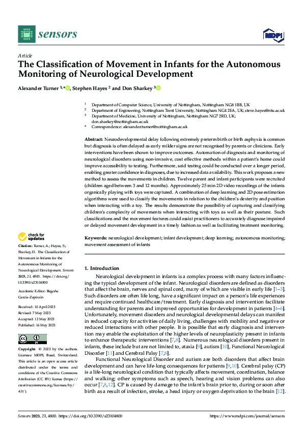 The Classification of Movement in Infants for the Autonomous Monitoring of Neurological Development Thumbnail