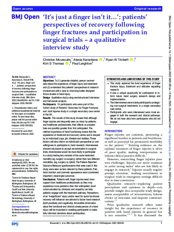 ‘It’s just a finger isn’t it…’: patients’ perspectives of recovery following finger fractures and participation in surgical trials – a qualitative interview study Thumbnail