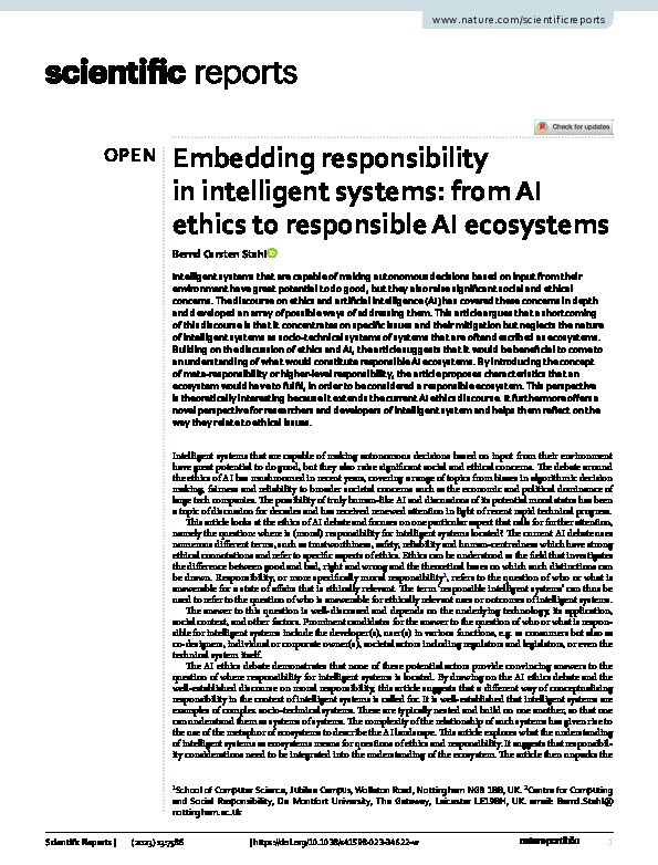 Embedding responsibility in intelligent systems: from AI ethics to responsible AI ecosystems Thumbnail