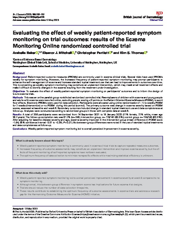 Evaluating the effect of weekly patient-reported symptom monitoring on trial outcomes: results of the Eczema Monitoring Online randomised controlled trial Thumbnail