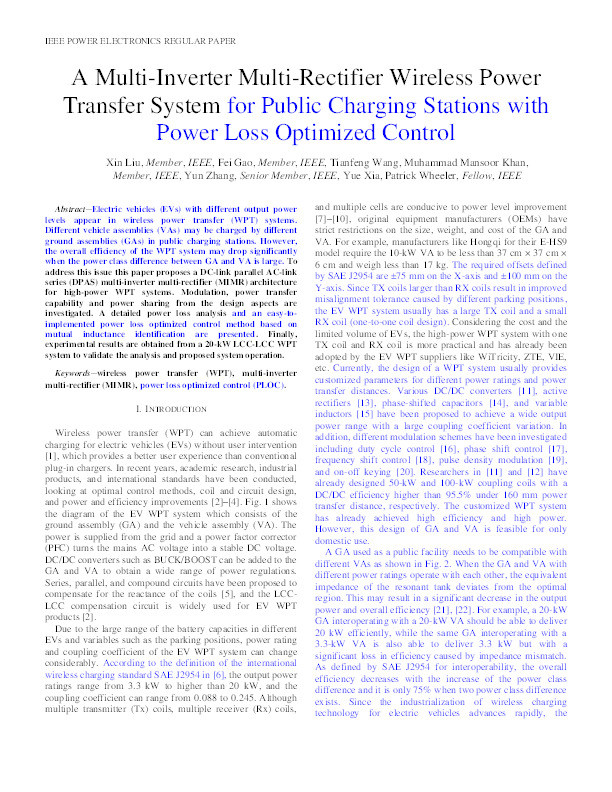 A Multi-Inverter Multi-Rectifier Wireless Power Transfer System for Charging Stations With Power Loss Optimized Control Thumbnail