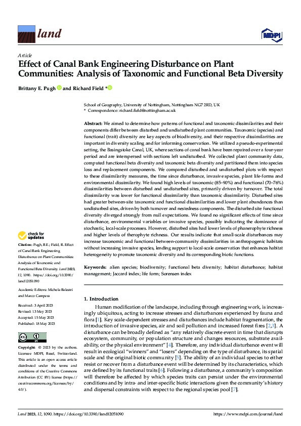 Effect of Canal Bank Engineering Disturbance on Plant Communities: Analysis of Taxonomic and Functional Beta Diversity Thumbnail