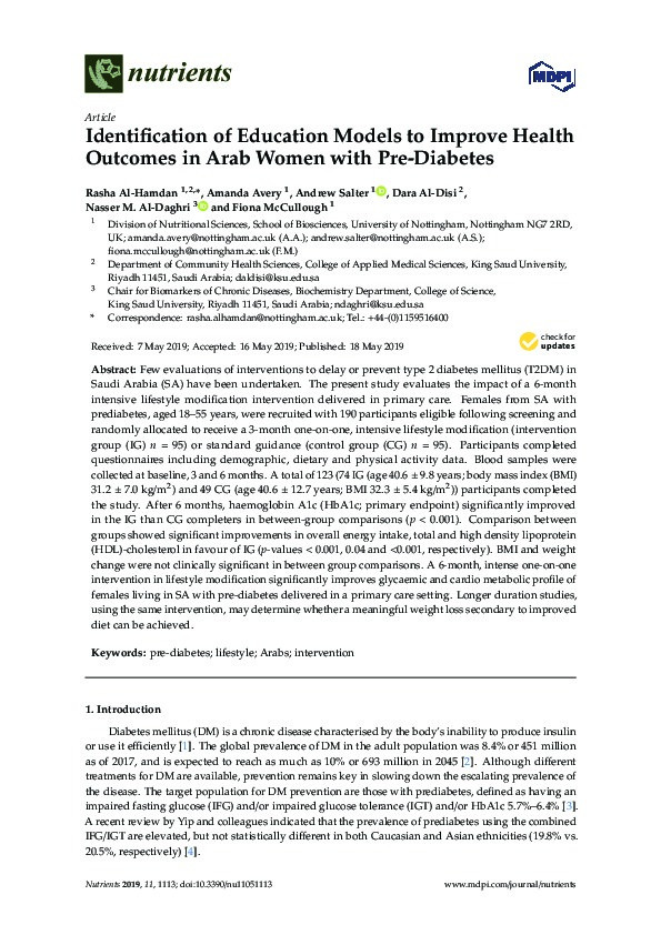 Identification of Education Models to Improve Health Outcomes in Arab Women with Pre-Diabetes Thumbnail