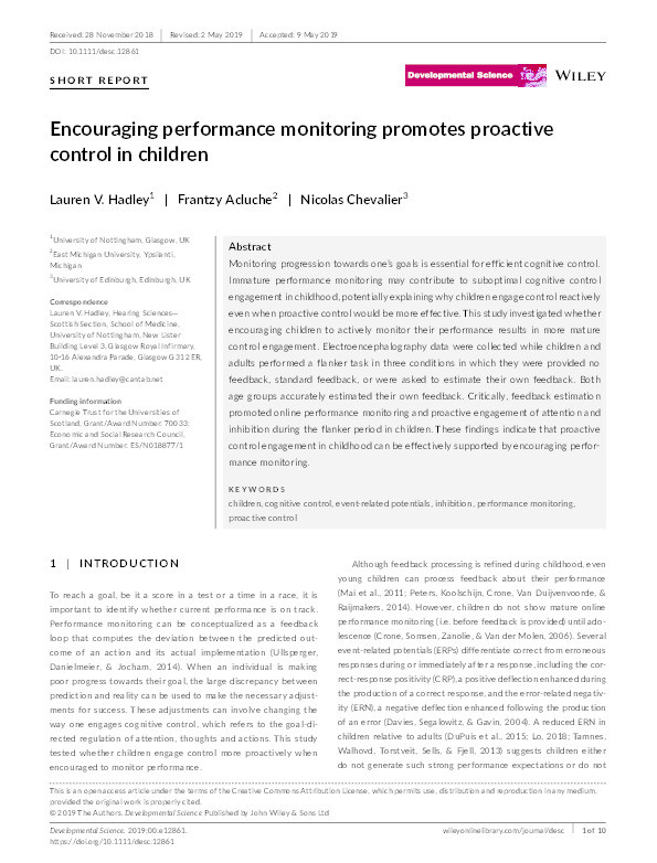 Encouraging performance monitoring promotes proactive control in children Thumbnail