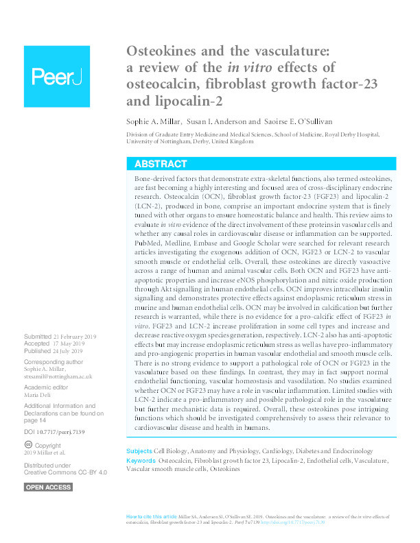 Osteokines and the vasculature: a review of the in vitro effects of osteocalcin, fibroblast growth factor-23 and lipocalin-2 Thumbnail