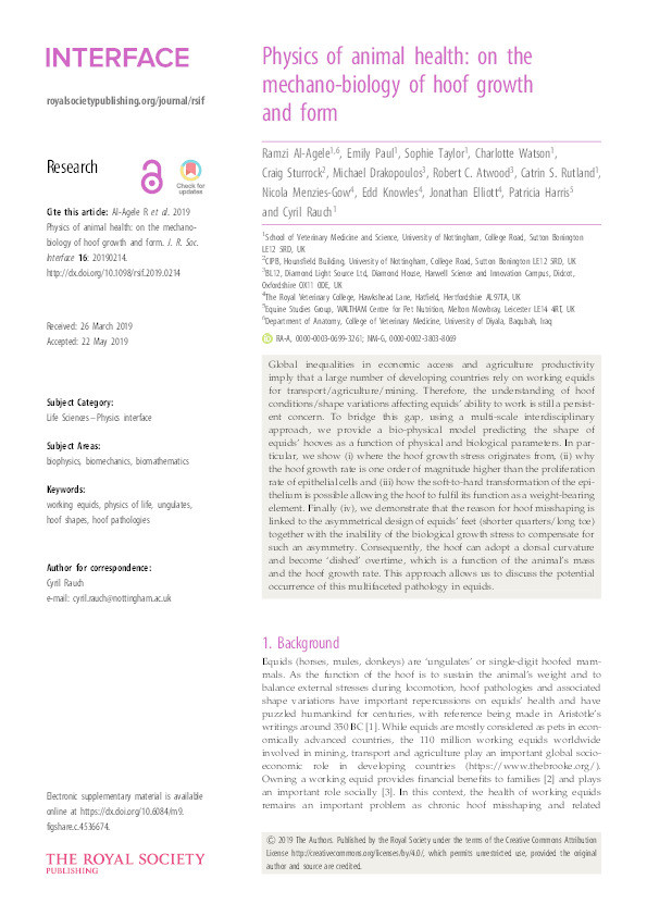 Physics of animal health: on the mechano-biology of hoof growth and form Thumbnail