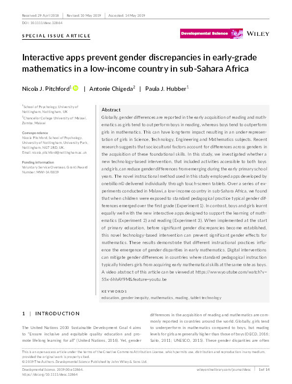 Interactive apps prevent gender discrepancies in early grade mathematics in a low‐income country in Sub‐Sahara Africa Thumbnail