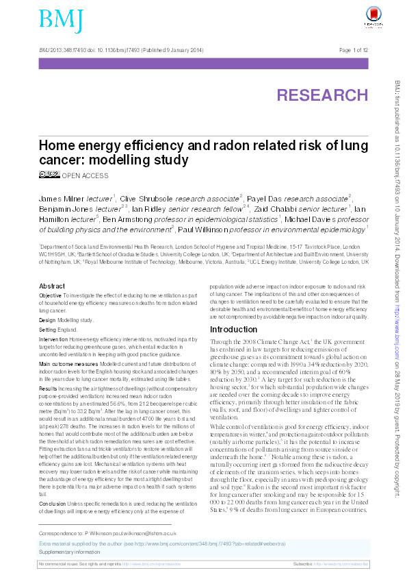 Home energy efficiency and radon related risk of lung cancer: Modelling study Thumbnail