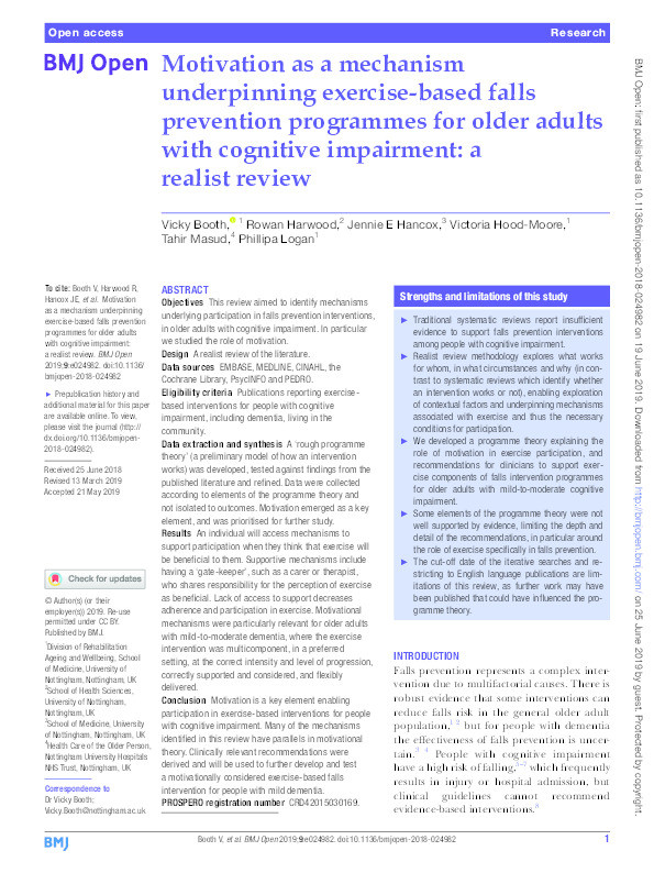 Motivation as a mechanism underpinning exercise-based falls prevention programmes for older adults with cognitive impairment: a realist review Thumbnail