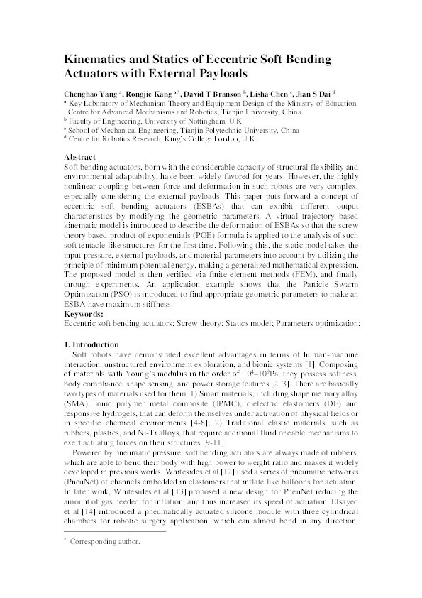 Kinematics and statics of eccentric soft bending actuators with external payloads Thumbnail