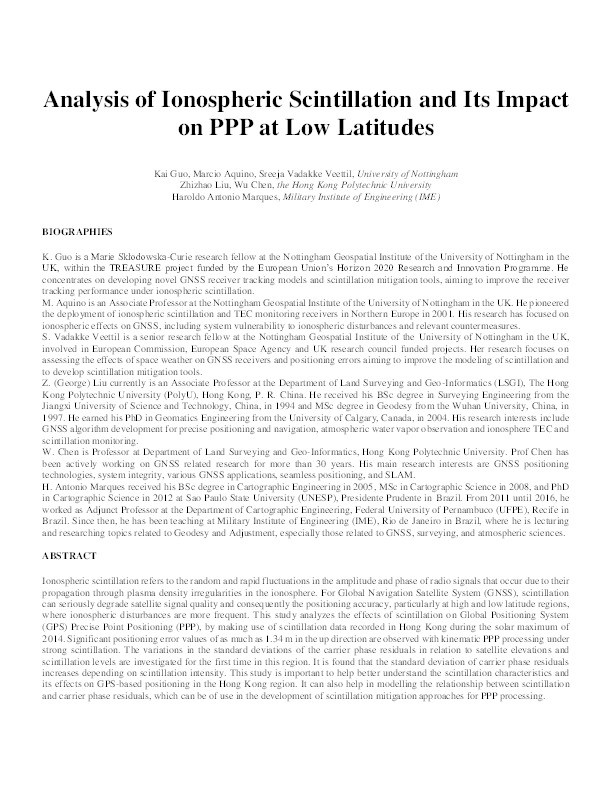 Analysis of Ionospheric Scintillation and its Impact on PPP at Low Latitudes Thumbnail