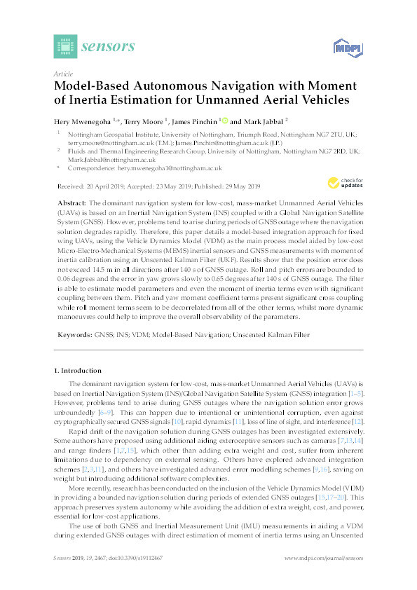 Model-based autonomous navigation with moment of inertia estimation for unmanned aerial vehicles Thumbnail