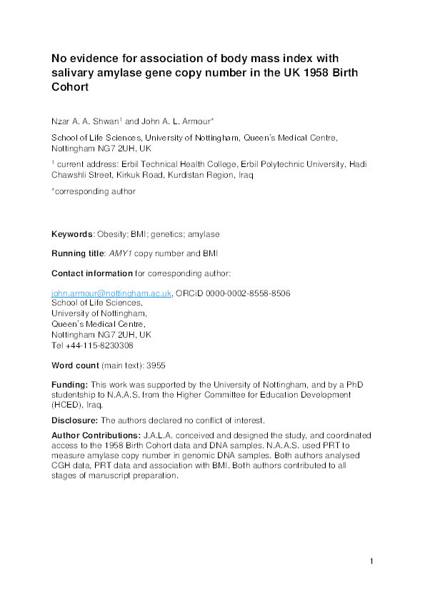 No evidence for association of body mass index with salivary amylase gene copy number in the UK 1958 Birth Cohort Thumbnail