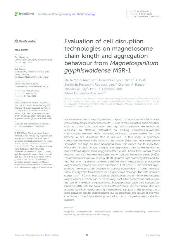 Evaluation of cell disruption technologies on magnetosome chain length and aggregation behaviour from Magnetospirillum gryphiswaldense MSR-1 Thumbnail