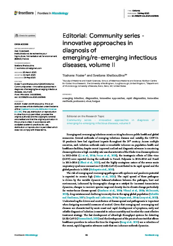 Editorial: Community series - innovative approaches in diagnosis of emerging/re-emerging infectious diseases, volume II Thumbnail